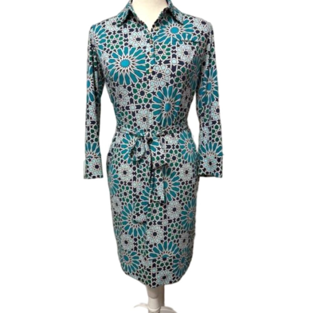 2/$30 Donna Morgan Blue Green Geo Print Jersey Knit Tie Waist Dress Sz 0 #2276